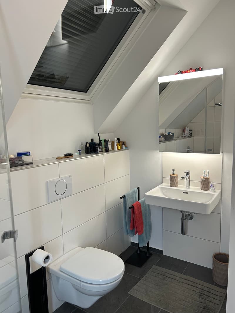 Modern bathroom with white tiles, a large skylight window, a sink with a modern faucet, a toilet, a mirror with built-in lighting, and various toiletries on the counter.