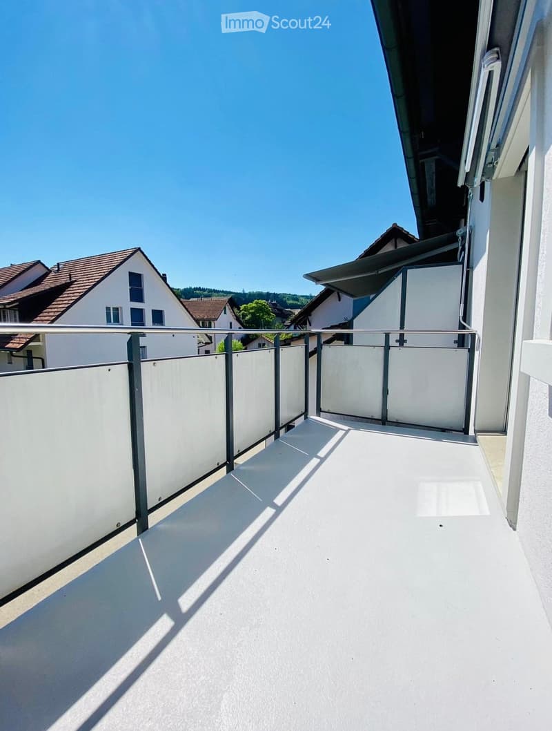 Balcony with white floor, metal railing, and white privacy screens, overlooking a residential area with houses and trees.