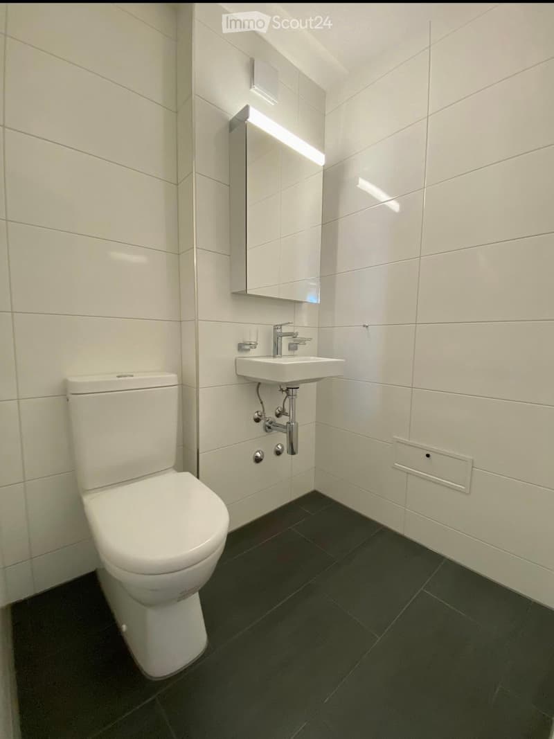 Modern bathroom with white tiled walls, dark tiled floor, toilet, sink, and mirror.