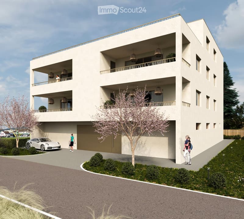 Multi-storey building with 3 floors, each floor has balcony, white walls, 1 garage in the front, a car is parked