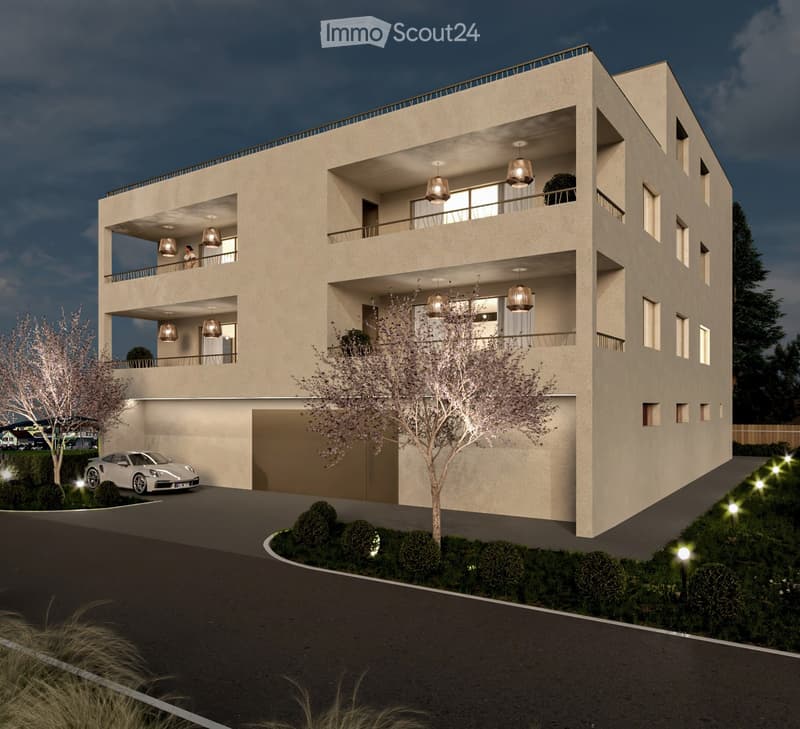 3 story apartment building, car parked in front of the building, balconies on each floor, garage in the left