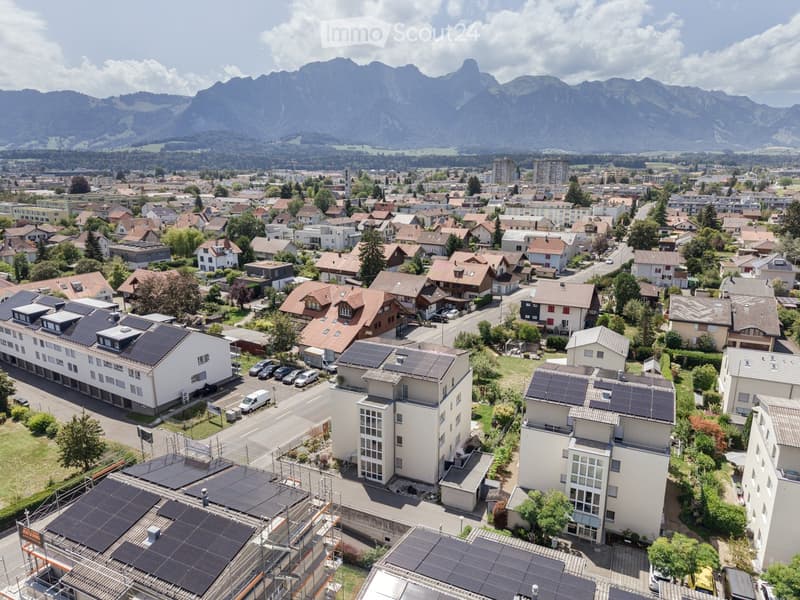 Aerial view of a residential area with multiple houses, solar panels on rooftops, parked cars, and a backdrop of mountains.
