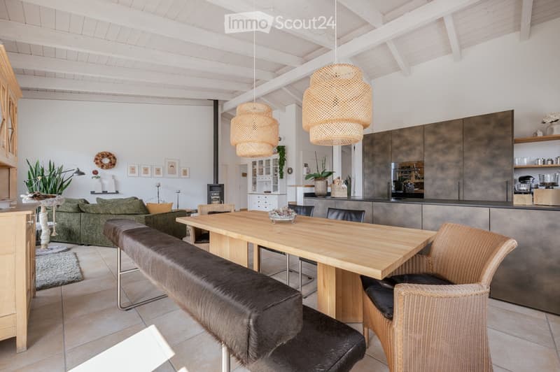 Open-plan living and dining area with a green sofa, wooden dining table, bench seating, wicker chair, cat tree, modern kitchen cabinets, pendant lights, and decorative items.