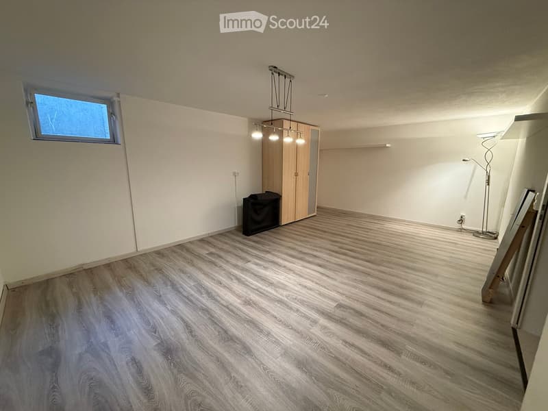 Empty room with light-colored walls, wooden flooring, and a single window. Contains a built-in wardrobe and a floor lamp, but no furniture.