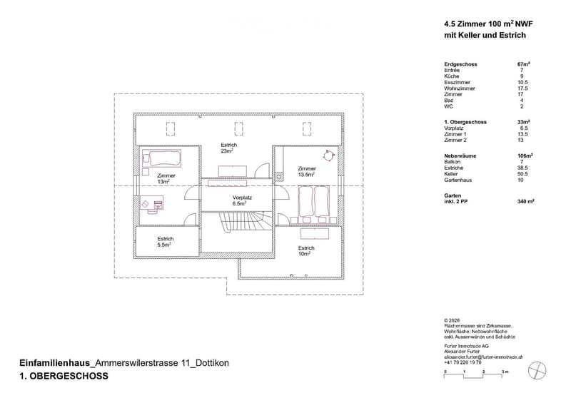 Living room, kitchen, 3 bedrooms, 2 bathrooms, storage, cellar, attic