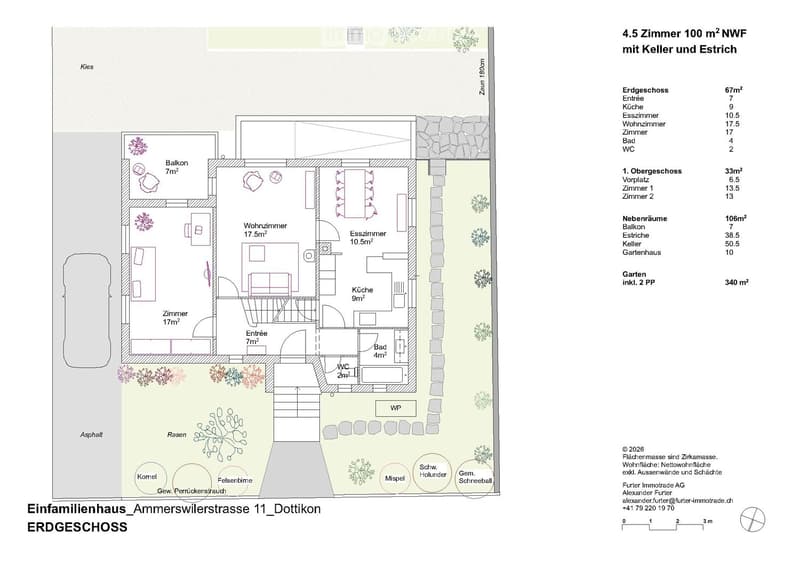Ground floor with living room, kitchen, 3 bedrooms, 2 bathrooms, balcony, WC, wash closet, stairwell, garage; First floor with living room, 2 bedrooms, 1 bathroom, cellar, entrance area, stairwell; Garden with garden house, parking space, lawn area