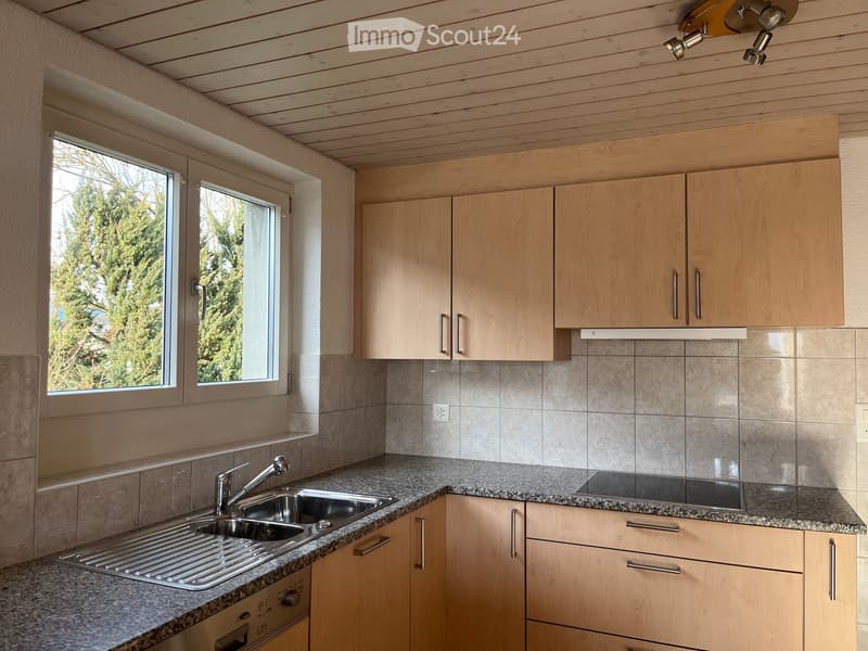 granite countertops, wooden cabinets, silver sink, white walls, large window