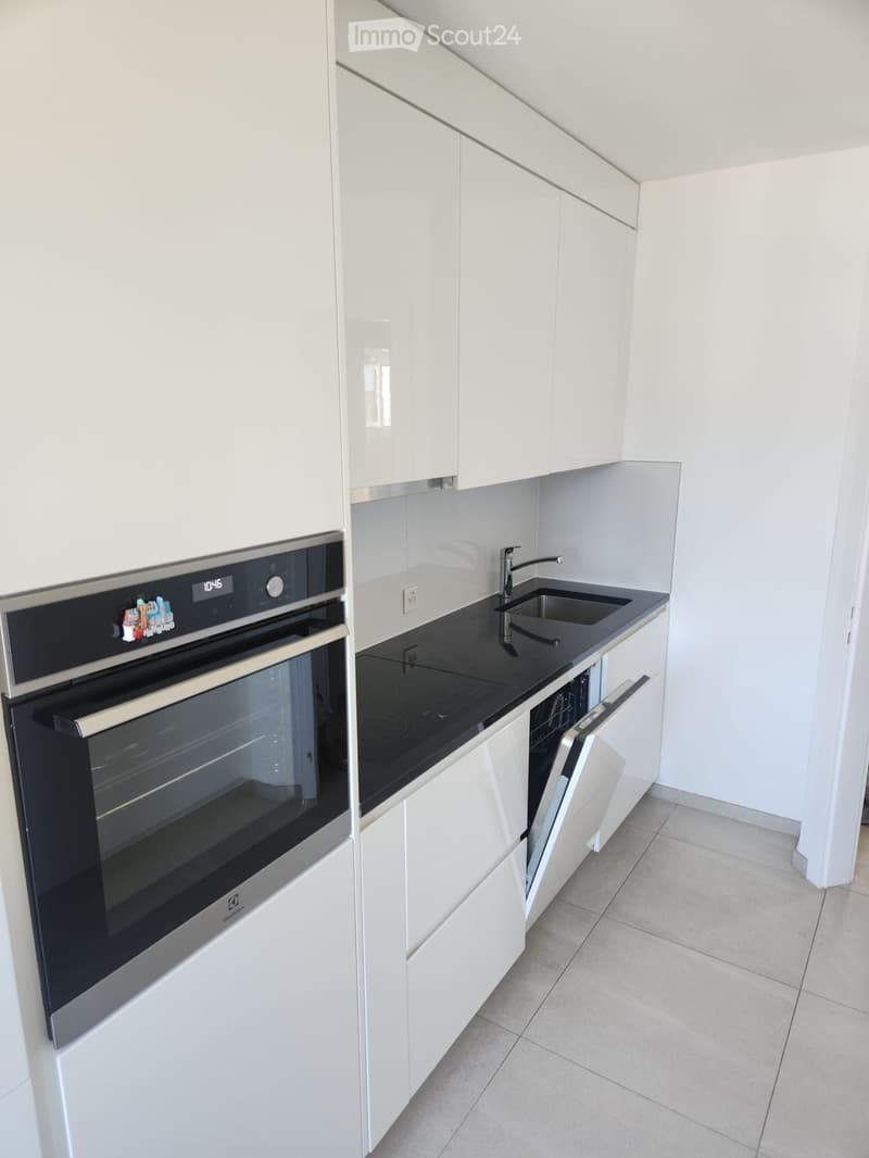 Modern kitchen with white cabinets, black countertop, stainless steel oven, sink, and dishwasher.