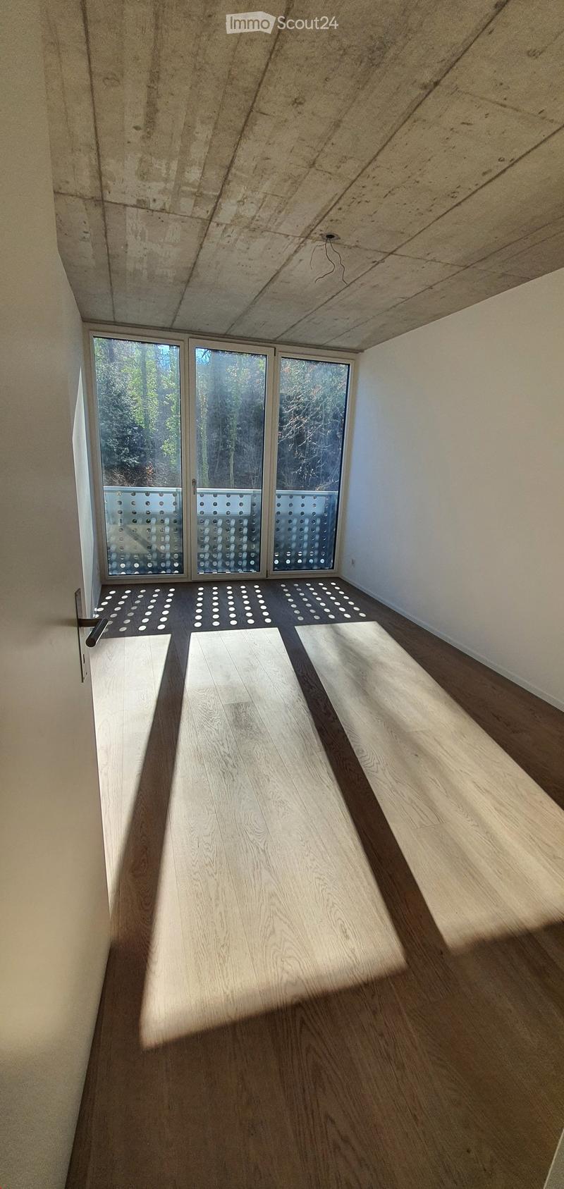 Empty hallway with wooden flooring, white walls, and large windows with frosted glass panels, allowing natural light to enter.