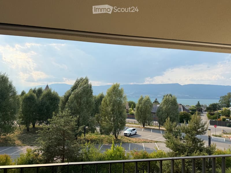 Balcony overlooking a parking lot, trees, and distant mountains and lake.