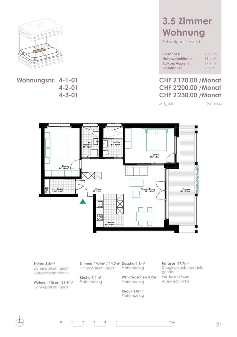 Floor plan of a 3.5-room apartment with entrance, living/dining area, kitchen, two bedrooms, bathroom, and terrace.