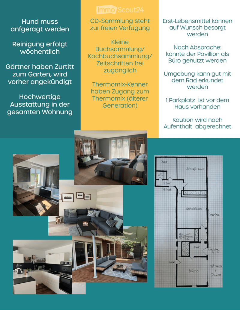 Floor plan of a modern apartment with multiple rooms including a living room, bedroom, kitchen, and bathroom. The layout includes a hallway, private areas, and a terrace with a garden.