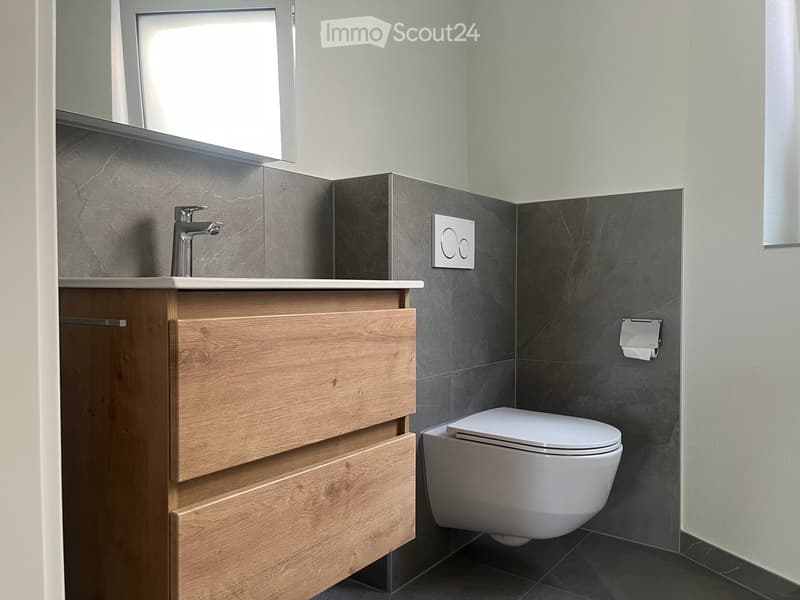 Modern bathroom with a wooden cabinet, sink, faucet, and toilet. Dark grey tiles on walls and black tiles on the floor.