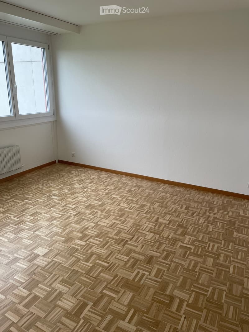 Empty room with wooden herringbone flooring, white walls, and a large window with white frame. A radiator is visible under the window on the left side.