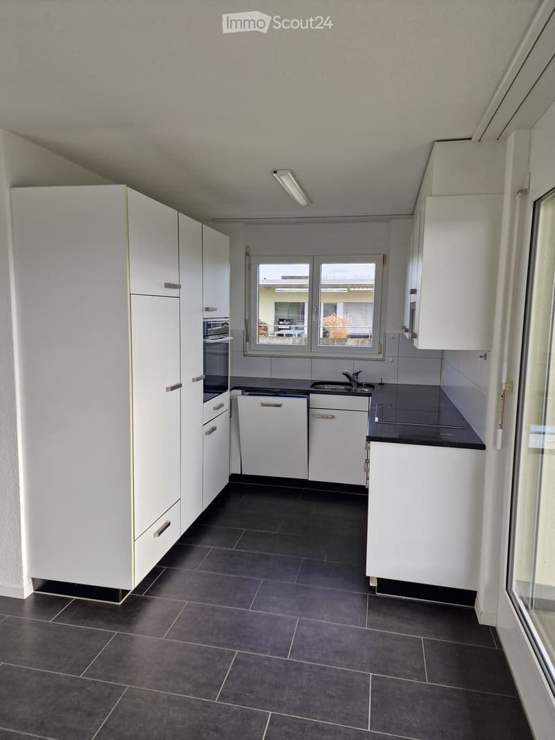 modern kitchen, white cabinets, black countertop, integrated appliances, tile flooring, sliding glass door, ample storage