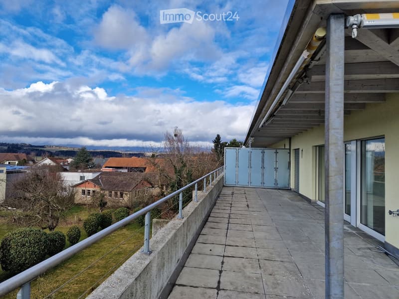 Concrete balcony with handrail, railings, concrete floor, open area, view of landscape