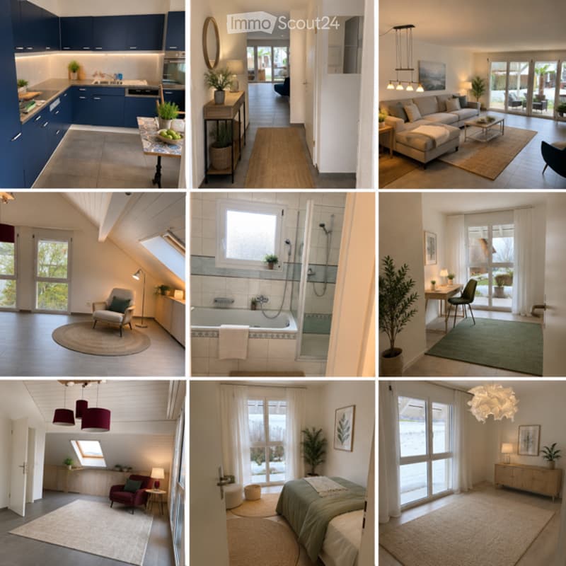 A collage of nine images showcasing a modern, well-furnished house with multiple rooms including a kitchen, living room, bedroom, bathroom, and dining area. Each room features contemporary decor, large windows, and stylish furniture.