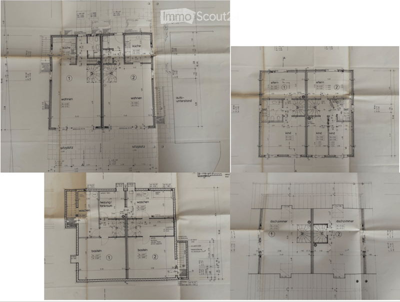 Architectural floor plans showing multiple levels of a house, including living areas, bedrooms, bathrooms, and utility spaces.