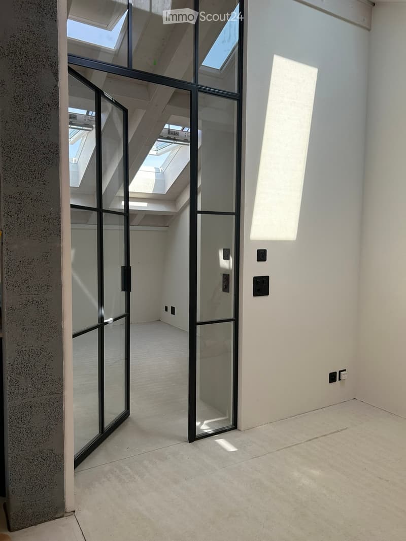 Empty hallway with modern glass doors and skylights, white walls, and concrete floor.