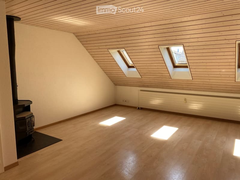 Empty attic room with wooden floors, slanted wooden ceiling, skylights, and a wood-burning stove.