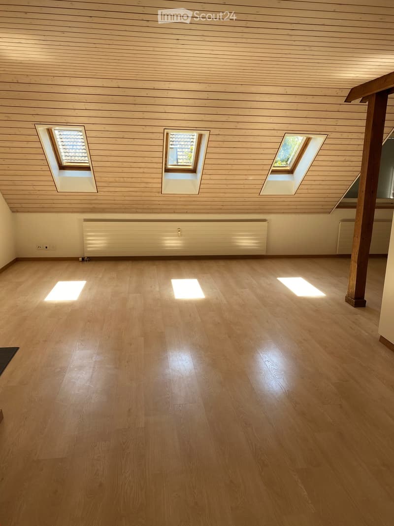 Empty room with wooden flooring and paneled ceiling, featuring three skylights and a radiator on the wall.
