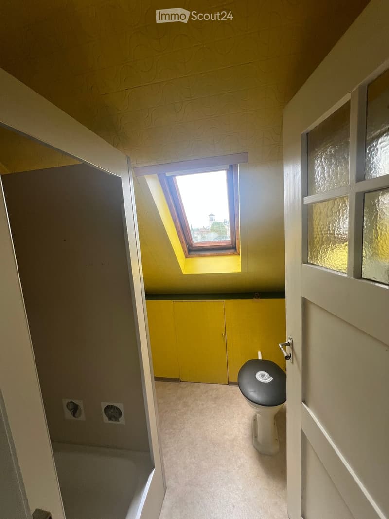 Small bathroom with a toilet, yellow cabinet, and a skylight window above.