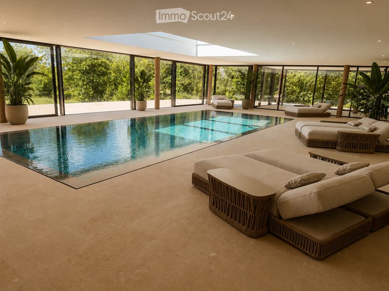 Modern indoor-outdoor lounge area with a swimming pool, large windows offering a lush green view, and comfortable seating including sofas, tables, and chairs.