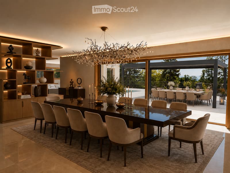 Elegant dining room with a long dark wooden dining table surrounded by beige upholstered chairs, a large chandelier, and decorative items on shelves. The room features a view of an outdoor dining area through large glass doors.