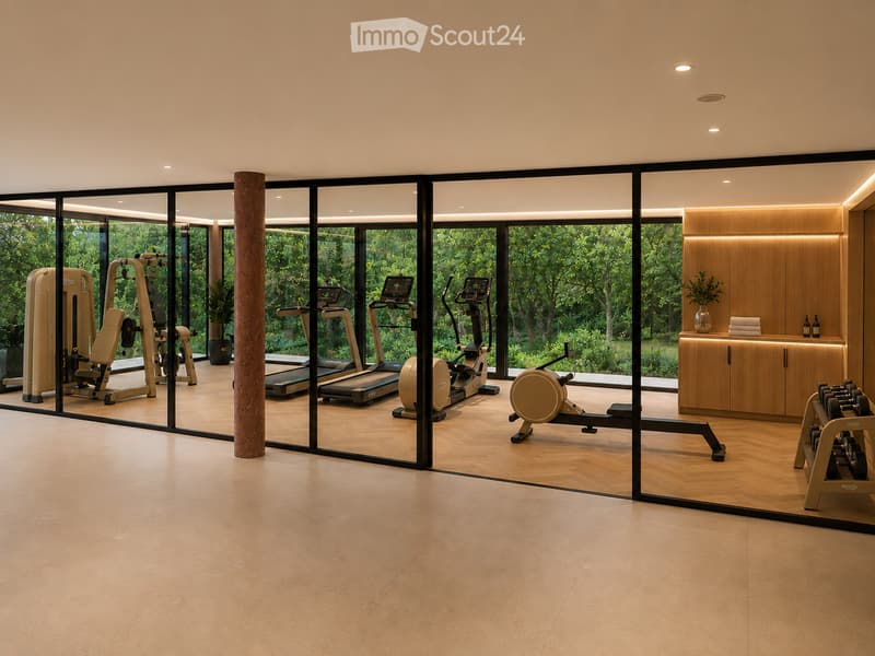 Modern fitness room with large glass walls, wooden flooring, treadmills, elliptical machines, rowing machine, weight bench, dumbbells, and a wooden cabinet with a vase and bottles.