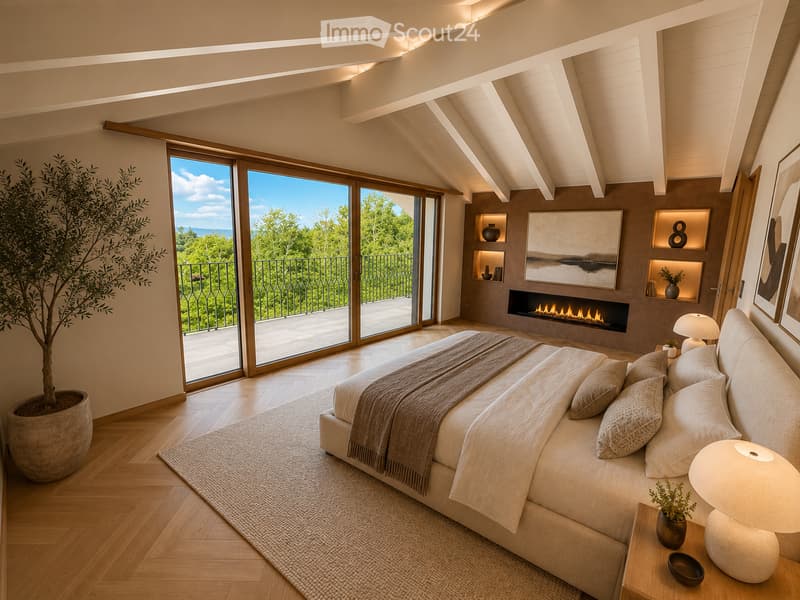 Modern bedroom with a large bed, fireplace, nightstand, lamp, and large windows opening to a balcony with a scenic view.