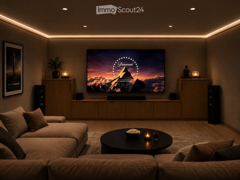 Modern living room with a large flat-screen TV displaying a movie, a comfortable sectional sofa, a round coffee table with snacks and drinks, and ambient lighting.