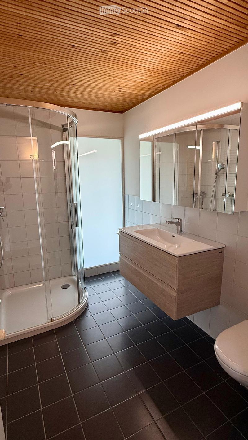 Modern bathroom with a wooden vanity, sink, mirror, glass-enclosed shower, and toilet. Features dark tiled flooring and a wooden ceiling.