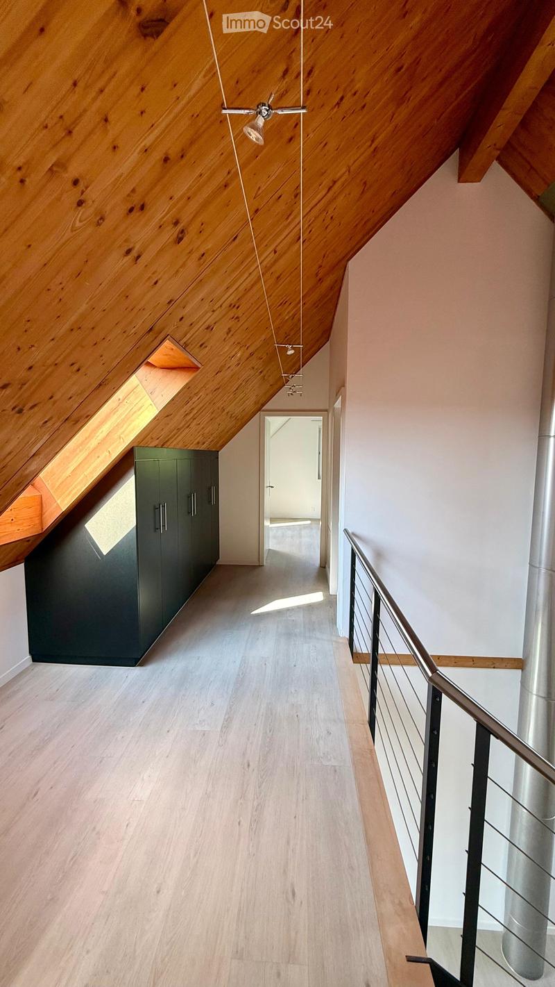 Modern hallway with wooden flooring, slanted wooden ceiling, built-in dark green cabinet, and a metal railing leading to another room.