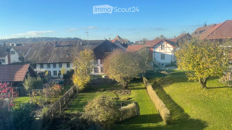 A well-maintained garden with a lawn, trees, and a wooden fence, surrounded by traditional houses with red-tiled roofs and white walls.