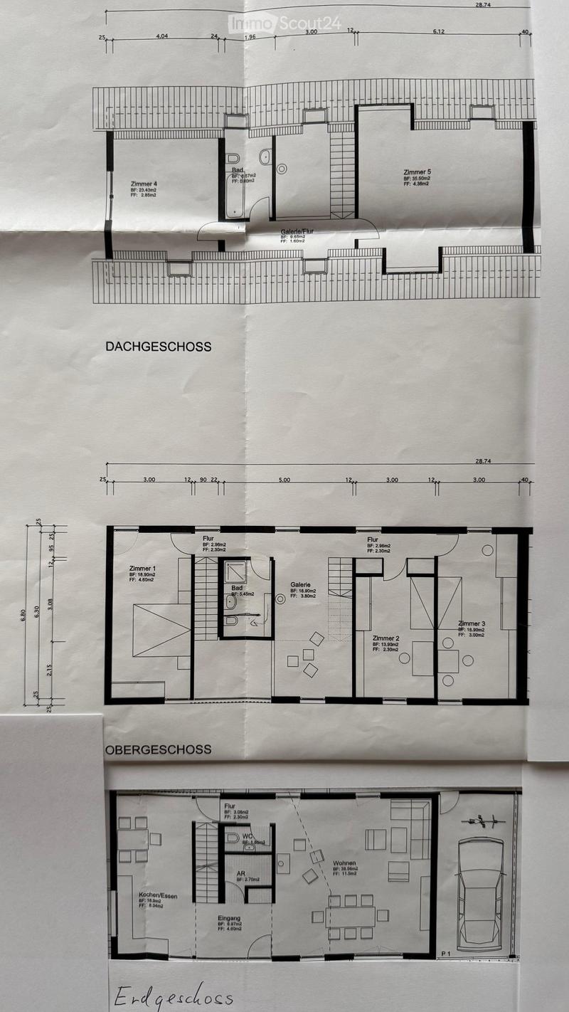 Floor plan showing three levels: Erdgeschoss (ground floor), Obergeschoss (upper floor), and Dachgeschoss (roof floor). Includes rooms labeled as Zimmer (rooms), Bad (bathroom), Galerie (gallery), and Küche/Essen (kitchen/dining).