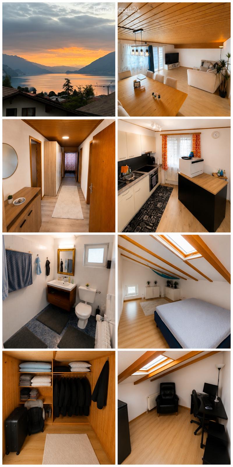 A multi-room house with a scenic view, featuring a living room, kitchen, bathroom, bedroom, hallway, and study area.