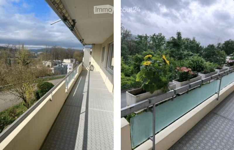 Two images of balconies: one with a cityscape view and another with potted plants and a railing.