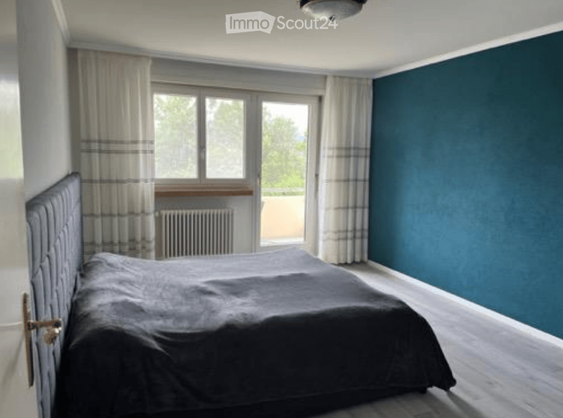 Cozy bedroom with a large bed, dark bedding, and a radiator beneath the window. The room features blue walls, white trim, and a view of greenery through the window.