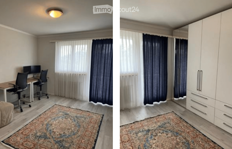Two images of a furnished room with a desk, chairs, screen, sofa, and wardrobe. The room features a large window with curtains, a patterned rug, and a ceiling light.