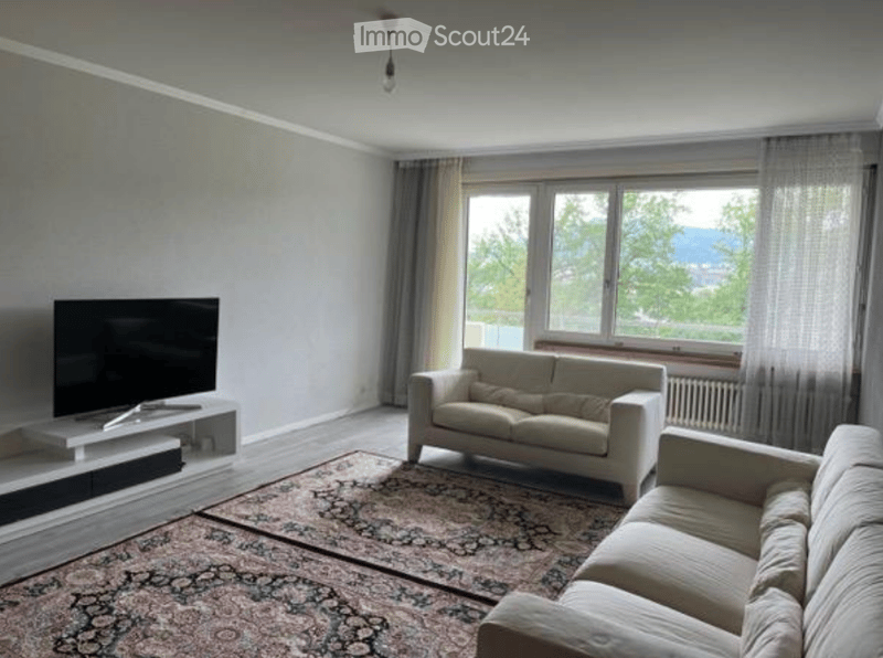 Modern living room with large windows, light-colored sofa, coffee table, television, and patterned rug.