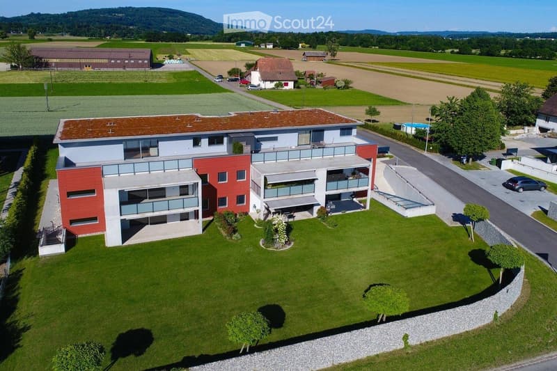 Modern apartment building, 3 stories, large windows, balcony, surrounded by lush green grass, large swimming pool