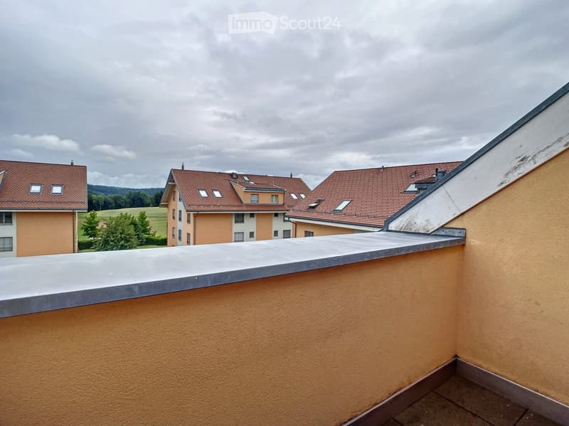 Balcony with a flat roof and low railing, overlooking a residential area with houses and a green field.