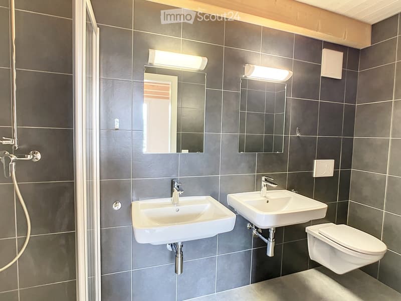 Modern bathroom with two white sinks, mirrors, and a toilet, featuring grey tiled walls and a glass shower enclosure.
