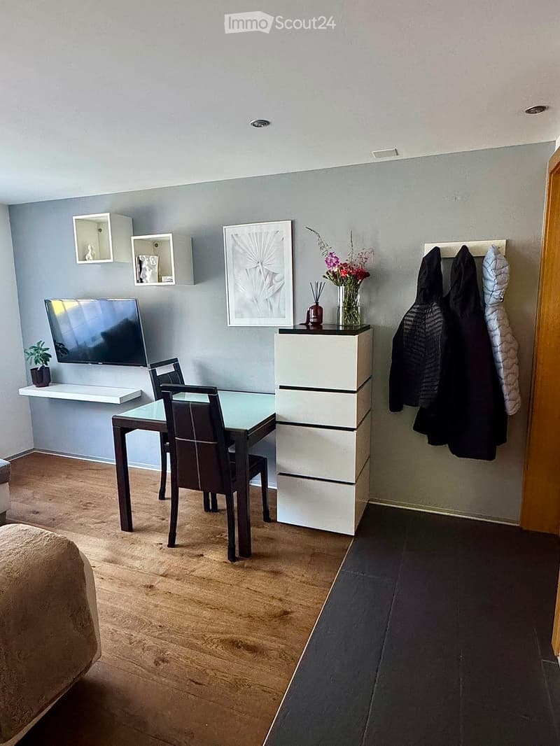 A modern, well-lit room with a dining table and chairs, a TV mounted on the wall, a small cabinet with a vase of flowers, and a coat rack with jackets.