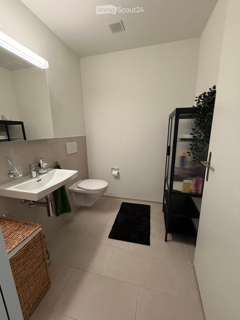 Modern bathroom with a white sink, toilet, mirror, and a black shower rack with a plant. Includes a wicker basket and a black rug on the floor.