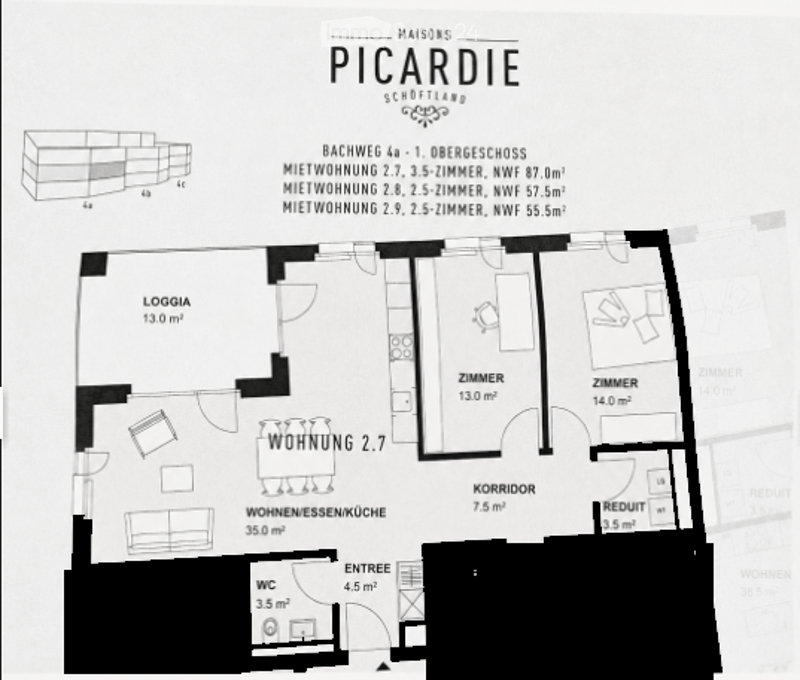 Floor plan of a multi-unit building showing a 2.7-room apartment with a living/dining area, kitchen, bedroom, hallway, and bathroom.