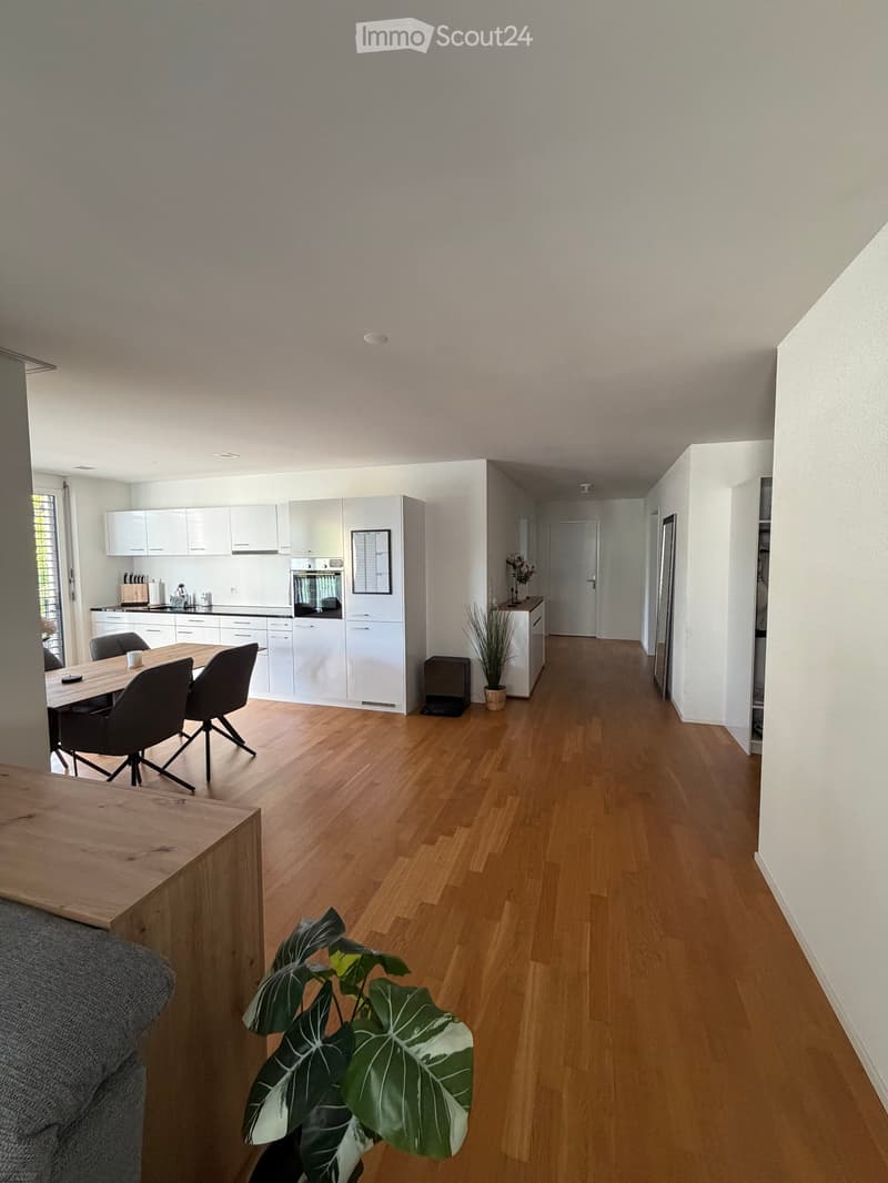 Open-plan living and dining area with light wooden flooring, white kitchen cabinets, and modern appliances. Includes a dining table with chairs, a potted plant, and a grey sofa partially visible.