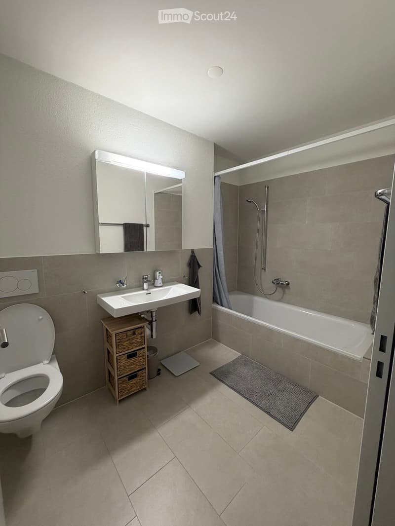 Modern bathroom with a toilet, sink, bathtub, and large mirror. Includes a wicker storage unit, towel, and bath mat.