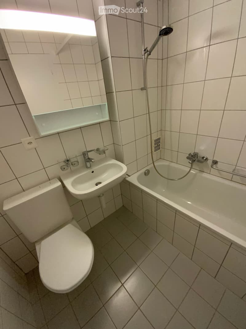 Modern bathroom with white tiles, a toilet, a sink, a bathtub, and a mirror above the sink.