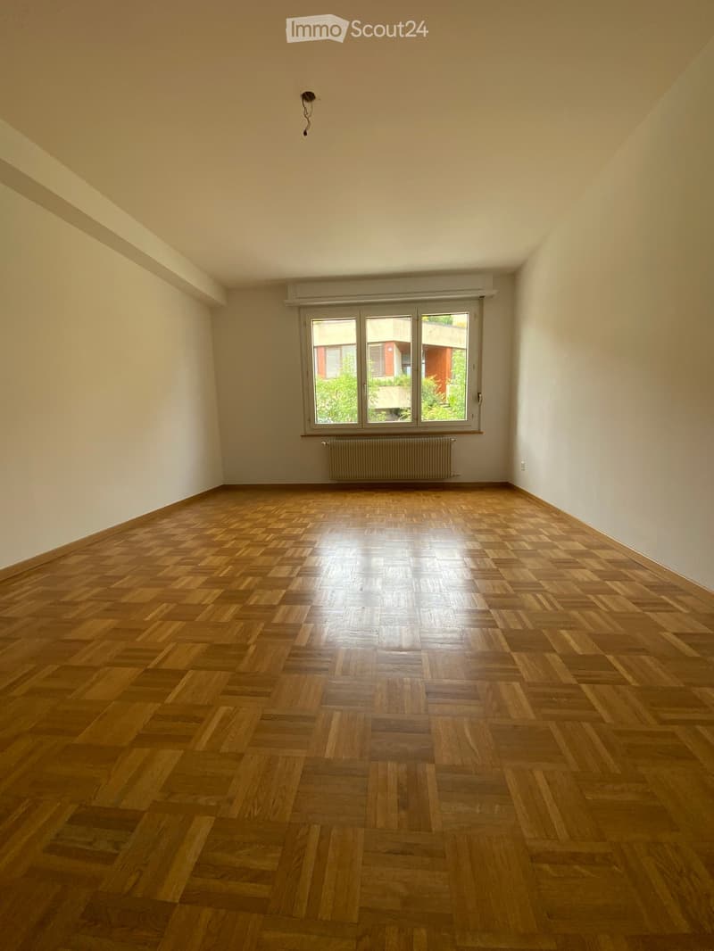 Empty room with wooden parquet flooring, white walls, large window with blinds, radiator, and visible electrical outlet.